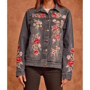 NEW ANDREE BY UNIT lovely visions flower embroidered jacket in charcoal